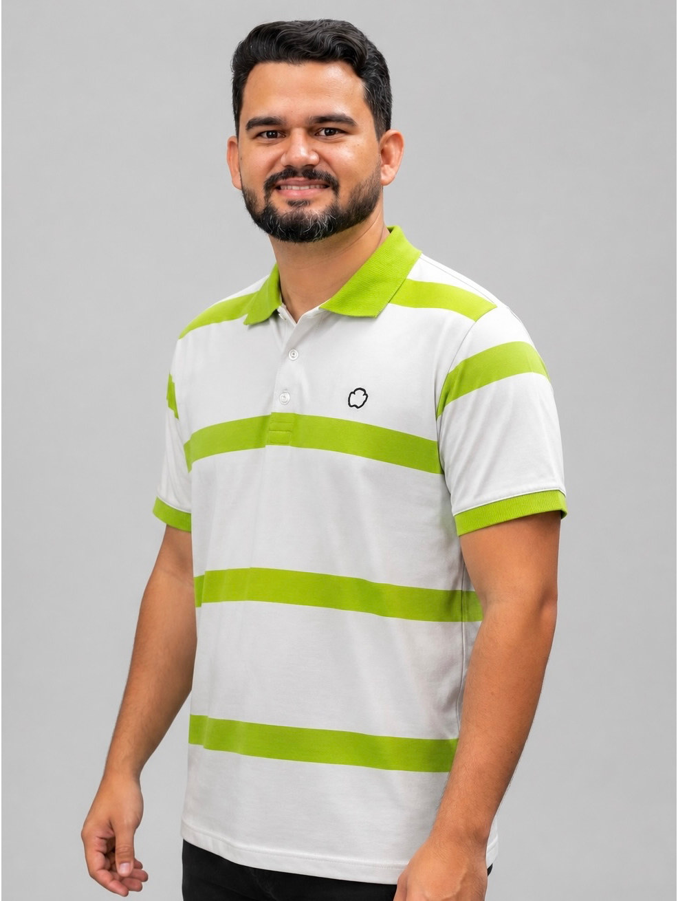 CAMISA POLO LISTRADA MASC. RHINO FIELD- BRANCO/VERDE REF.11600 — Branco/Verde