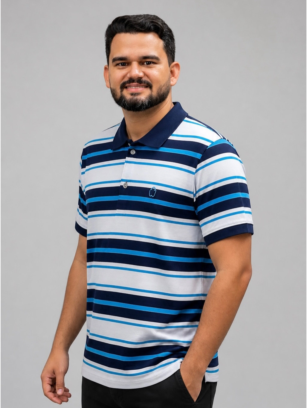 CAMISA POLO LISTRADA MASC. RHINO FIELD- BRANCO/VERDE REF.11600 — Branco/Azul